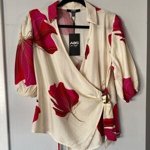 Allen Schwartz Cream Wrap Blouse with Red Floral Print